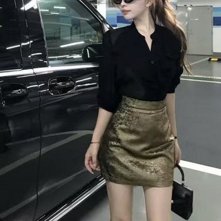 法式V領長袖襯衫，修身顯瘦，黑色，女裝兩件套