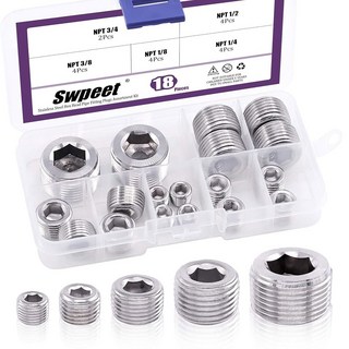 Swpeet 40Pcs 5사이즈 NPT 탄소강 파이프 피팅 구색 키트 1/8" 1/4" 3/8" 1/2" 3/4" NPT 플러그 탄소강 내부 육각 소켓 파이프 플러그 세트 습한, Stainless Steel, 1개