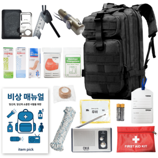 아이템픽 19종 생존가방 키트 배낭 세트 재난대비 응급키트, 블랙, 1세트