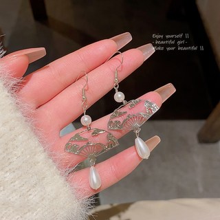 Sun_Plus 中古風扇子耳環 新中式復古旗袍漢服古風 925銀針百搭耳飾