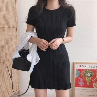 라라홀리 플리츠 슬림핏 반팔 골지 니트 미니 원피스