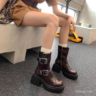 厚底皮帶扣馬丁靴 複古棕色圓頭鬆糕底西部靴 時尚潮款辣妹短靴