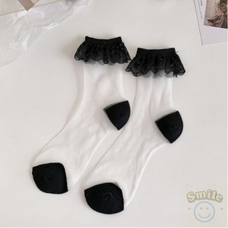 韓系 日系 蕾絲花邊襪子 夏季 薄款 透明 愛心 點點 玻璃絲中筒襪 Lolita 甜美襪子 微笑襪鋪 (M29254)