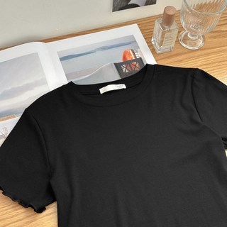 Fee現貨5色木耳邊坑條短版上衣 女上衣 短版上衣 圓領上衣 短袖T恤 韓系穿搭 短袖上衣 素色 韓國女裝