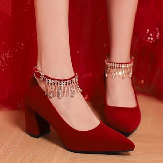 【大碼婚鞋女】酒紅色秀禾婚紗兩穿舒適新娘鞋結婚紅鞋, 水鑽款8cm粗跟 酒紅色,36