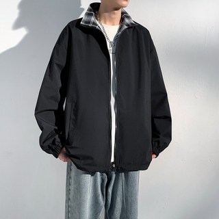 格子拼接棒球領夾克 寬鬆休閒運動外套 中青年男士