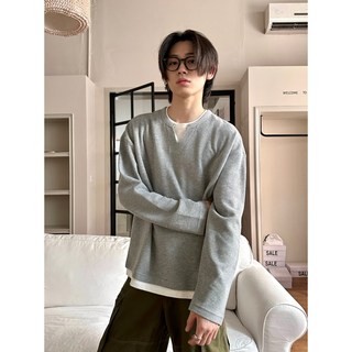 NY STUDIO 華夫格假兩件長袖tee 休閒韓系百搭長版上衣 秋冬新款, 灰,L