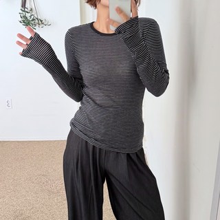 에이치스 하이퀄 착붙핏 텐션 스판 잔스트라이프 줄무늬 여성 라운드넥 레이어드 쭉티