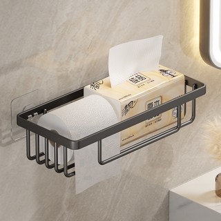 免打孔衛生紙架 壁掛置物籃 加厚寬邊 廁所衛生紙架 面紙盒架 紙巾架 廁紙架 碳鋼製物籃 浴室置物架, 加厚寬邊【黑色】大方, 1個