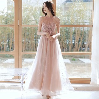 仙氣粉色晚禮服2022新款氣質優雅名媛高級感宴會獨唱藝考夏季顯瘦, 1個, 仙氣粉色L