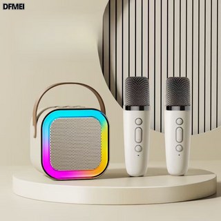 DFMEI K12藍牙音箱戶外便攜音響帶麥克風一體ktv話筒全民k歌寶K歌低音炮, 如圖, 米色中配雙麥