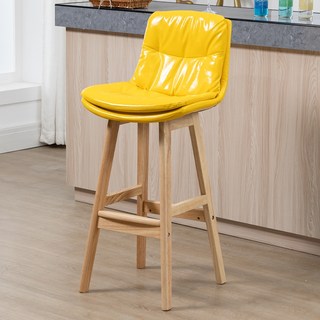 實木吧臺椅現代簡約皮吧椅輕奢家用酒吧椅設計師款高腳凳吧檯凳子吧椅, 1個, 72CM原木色框架黃色皮, 72CM原木色框架黃色皮