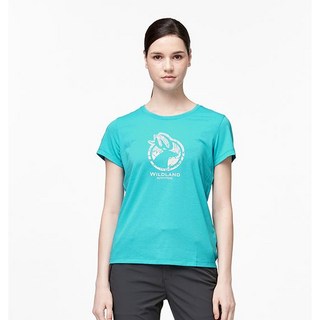 荒野 wildland 女彈性LOGO印花圓領排汗短袖上衣 戶外休閒透氣舒適