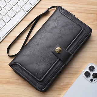 長款男士手拿包 大容量皮革錢包手機包，多隔層卡包 時尚簡約手抓包, 五角星搭扣-黑色