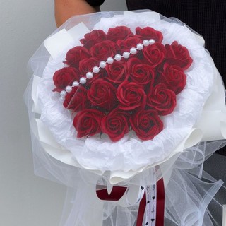 高級感 小眾玫瑰花束 仿真花 香皂花 老婆生日禮物 女生送閨蜜同學女友 情人節禮物xp, 1個, 紅色20朵【送燈串袋子】