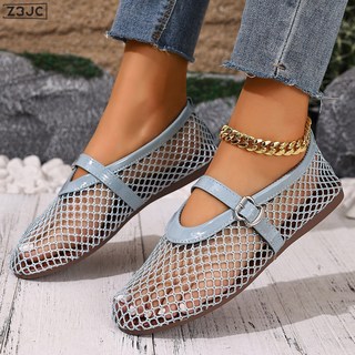 Z3JC 大碼軟底透氣網面單鞋女新款平底鏤空網鞋瑪麗珍單鞋