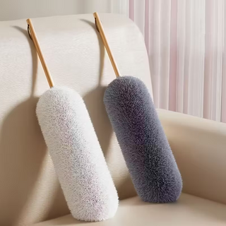 부드럽게 먼지 제거 정전기 흡착 원목 손잡이 먼지털이, 화이트, 1개