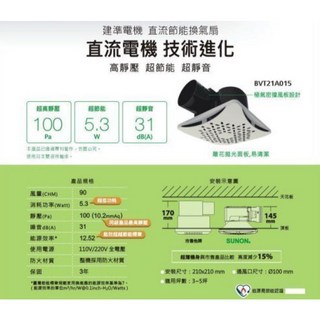 SUNON 建準認證 BVT21A004 標準型DC節能靜音浴室抽風換氣扇, BVT21A015