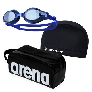 아레나 노트 수경 AGT-610 + 수영가방 A2AC1AB02 + 수영사랑 천 스판 수모, 수경 네이비+수영사랑스판수모 블랙+가방 블랙, 1세트