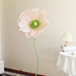 大型紙花裝飾道具 仿真虞美人 網紅背景佈置 商場櫥窗擺件, 1個, 淺香檳,50cm(1.5米花桿+花朵)
