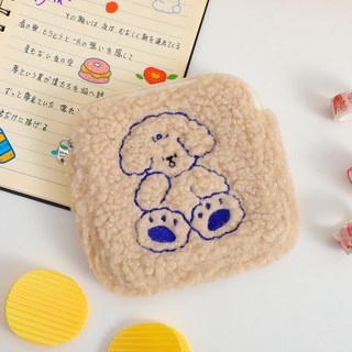 小橘朵朵生活館 可愛毛絨刺繡收納包 零錢包 拉鍊小方包 化妝包 隨身收納袋 學生文創小物 生日禮物 交換禮物, 2#卡其小狗, 1個