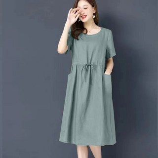 에쥬아 여성 루즈핏 반팔 원피스 라운드넥 린넨 원피스