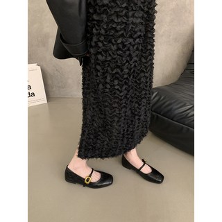 瑪莉珍鞋 娃娃鞋 小方頭 軟皮 奶奶鞋 一字帶單鞋 復古平底小皮鞋, 黑色,36