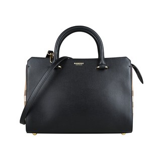 BURBERRY BANWELL 燙金LOGO牛皮格紋帆布手提肩背斜背包, 黑x米