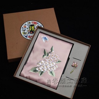 蘇繡雙面真絲圍巾套裝，附胸針，古風長款絲巾披肩禮盒