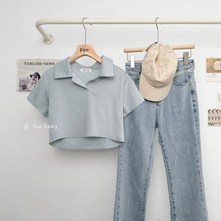 Fee太空棉短版翻領POLO上衣，多色可選，短袖T恤女，翻領設計，夏季時尚穿搭必備