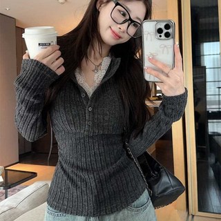 SAHINER 여성 봄 긴팔 골지 티셔츠 V넥 레이스 레이어드 슬림핏 티셔츠 ATX47