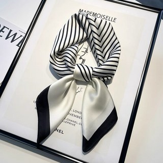 梅子醬 耐看經典小方巾絲巾女 新款百搭系脖領巾 腰果花頭巾 搭配襯衫西裝薄圍巾送媽媽禮物, 黑白線條70cm, 黑白線條70cm