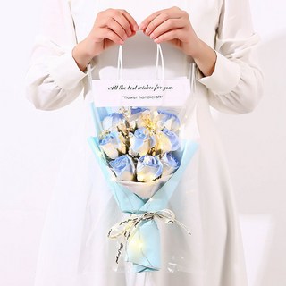 臺灣情人節花束 畢業漸變玫瑰滿天星花束 母親節生日禮物送女生閨蜜畢業季, 1個, 手提9朵碎冰藍+燈