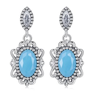 台灣現貨【茱亞莉】復古典雅蛋型人造綠松石 925純銀耳環，長墜、垂墜形 橢圓形 蛋形