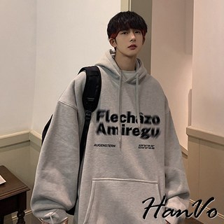 HanVo 男款模糊字母設計加絨帽T 柔軟保暖連帽上衣 韓系冬季衣著 男生衣著 B02-2020