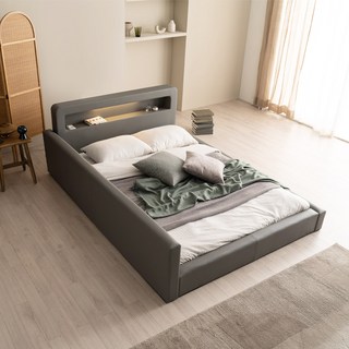 젠티스 스너그온 LED PU 가죽 저상형 침대프레임 패밀리침대, 2.그레이, 2.퀸 Q