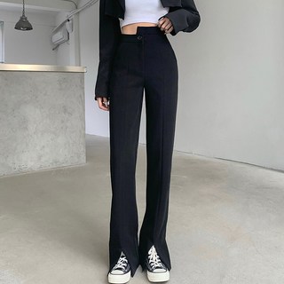 黑色高腰開叉西裝褲 女款 春季 顯瘦直筒 拖地休閒褲