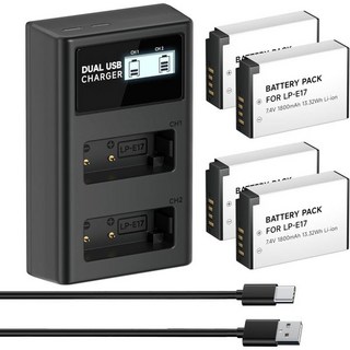 4개입 LPE17 배터리 및 LCD 듀얼 충전기 캐논 EOS R10 R8 R50 Rebel T8i T7i T6i T6s SL2 SL3 M3 M5 M6 200D 77D 750D