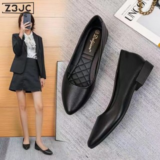 Z3JC 女鞋軟底不累腳尖頭粗跟平底單鞋女鞋黑色工作鞋軟底上班皮鞋