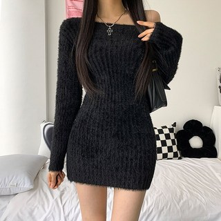 [핏존예/2col] 로페즈 슬림핏 오프숄더 앙고라 니트 미니 원피스