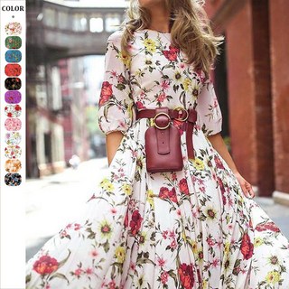 플로럴 패턴 롱 원피스 봄 가을 여성 슬림핏 드레스 디지털 프린팅 스윙 스타일 하객룩 데일리 코디용