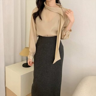스타일 옆타이 하객룩 텐셀80 봄 간절기 긴팔 오피스 루즈핏 블라우스 어깨버튼 30대