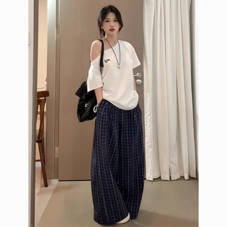甜辣套裝女夏季新款美式斜領百搭顯瘦上衣休閒深藍格子直筒闊腿褲