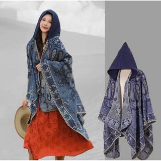 MUSE生活 台灣出貨 不規則圖騰連帽斗篷 披肩圍巾