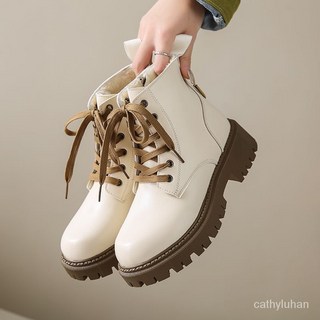 大尺碼短靴女 可穿43碼 馬丁靴女 2025年秋冬新款 英倫風 白色單靴 厚底小個子 加棉短靴 绑带中筒靴
