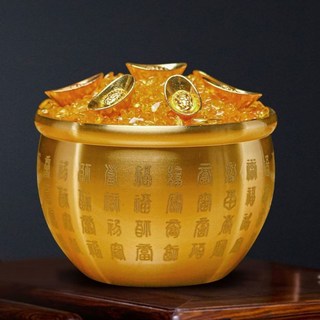 嘉義出貨 百福缸 聚寶盆 黃銅米缸 招財擺件 風水擺飾 玄關聚財 銅製米甕聚寶盆, 【大號百福聚財】+五帝錢5寶