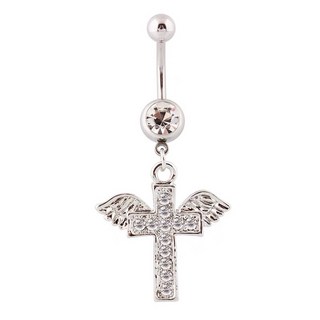 F2 翅膀十字架吊墜肚臍環，醫用鋼粗針肚臍釘，個性飾品肚臍扣，時尚性感肚臍環, 1個