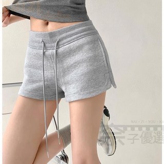 美式格調春夏辣妹舒適棉質運動短褲休閒寬鬆心機開衩居家三分褲低腰辣妹抽繩寬版短褲女生熱褲顯瘦直筒瑜伽健身跑步短褲