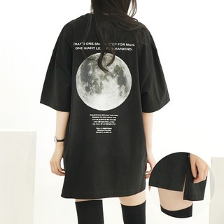 큐티팝 수피마 면100% 오버핏 지구/달 프린트 반팔티셔츠 (블랙/화이트)