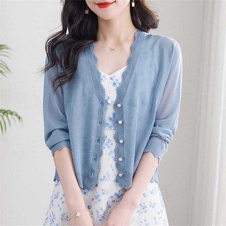 besteffie 여성 여름용 얇은 가디건 버튼업 물결 디자인 브이넥 무지 베이직 긴팔 니트 여성스러운 K92